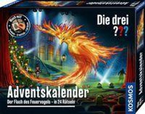 Die Texte lauten: "Die drei ???", "Adventskalender", "Der Fluch des Feuervogels - in 24 Rätseln". Illustration: Ein Feuervogel im Kino.