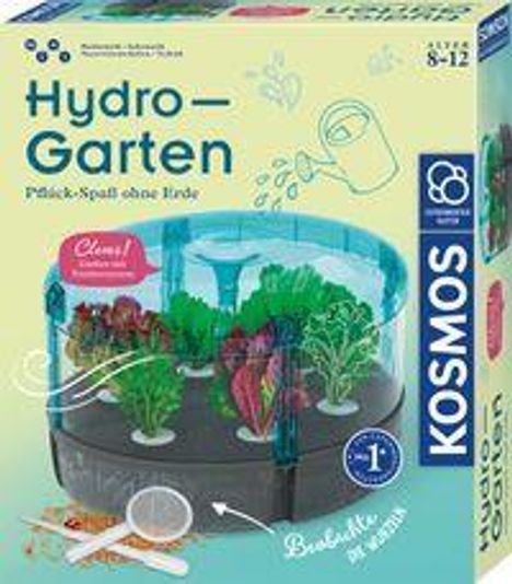 „Hydro-Garten“, „Pflück-Spaß ohne Erde“, „KOSMOS“. Illustration eines kleinen Gewächshauses mit Pflanzen.