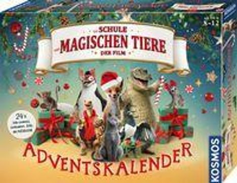 "Schule der magischen Tiere - Der Film" und "Adventskalender". 
Illustration: Tiere in Weihnachtskleidung mit Geschenken.