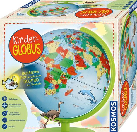 Kinder-Globus. Nachtaktive Tiere erscheinen leuchtend im Dunkeln. Grün-blauer Globus mit Tierillustrationen.