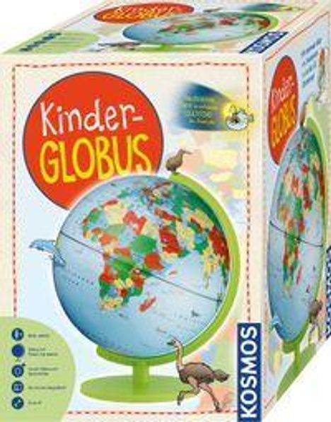 Text: "Kinder-GLOBUS". Illustration eines Globus mit grünem Standfuß, umgeben von Tieren.