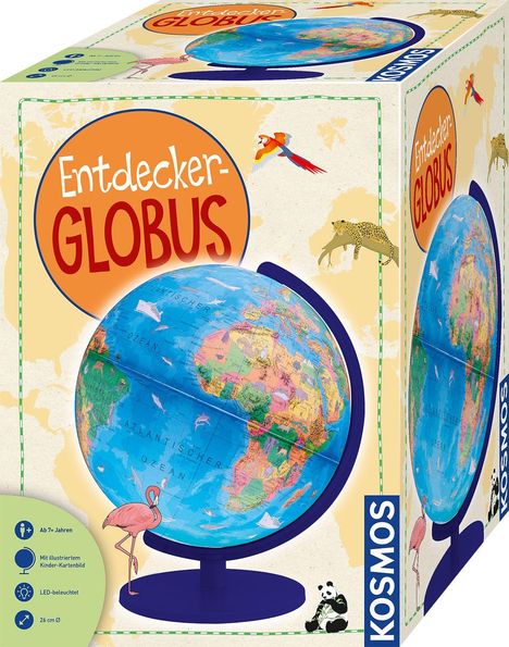 Text: "Entdecker-GLOBUS", "Ab 7+ Jahren", "Mit illustriertem Kinder-Kartenbild", "LED-beleuchtet", "26 cm Ø".  
Illustration: Globus mit Tieren.