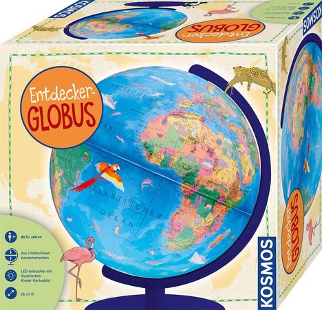 Entdecker-Globus, Ab 5+ Jahren, Aus 2 Halbschalen zusammensetzen, LED-beleuchtet mit illustriertem Kinder-Kartenbild, 26 cm.