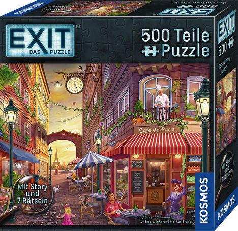 "EXIT Das Puzzle", "500 Teile", "Mit Story und 7 Rätseln". Straßenszene mit Café de Paris, Laternen und spielendem Kind.