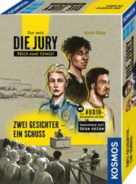 "Die Jury: Zwei Gesichter - Ein Schuss." Drei gezeichnete Personen, ein Gerichtsgebäude, Publikum im Gerichtssaal.