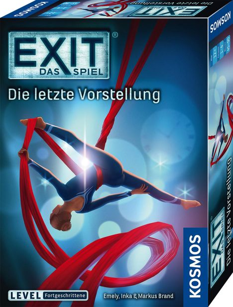 „EXIT Das Spiel: Die letzte Vorstellung“, Level Fortgeschrittene. Luftakrobatin in roten Tüchern vor blauem Hintergrund.
