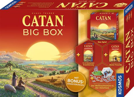 "Catan Big Box" in großen Buchstaben. Links: Landschaft mit großem Sonnenuntergang; rechts: Abbildungen von Spielboxen.