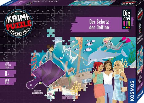 „Der Schatz der Delfine“, „Krimi Puzzle“, ab 8 Jahren, „Lesen Puzzeln Lösen“. Drei Mädchen, Taucher und Delfine.