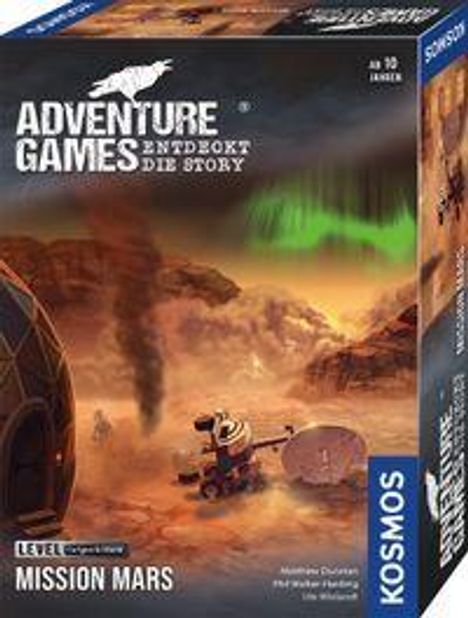„ADVENTURE GAMES Entdeckt die Story, Mission Mars, ab 10 Jahren“. Illustration von Marslandschaft mit Raumschiff.