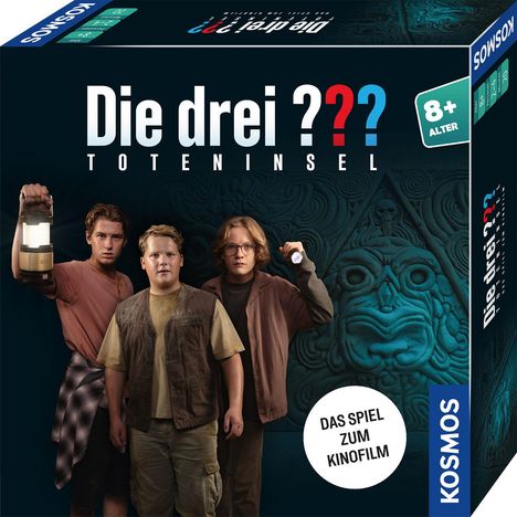 "Die drei ??? Toteninsel", "8+ Alter", "Das Spiel zum Kinofilm", drei Jungs mit Taschenlampen vor einem blauen Relief.