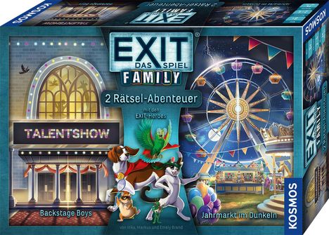 "EXIT Das Spiel FAMILY", "2 Rätsel-Abenteuer", "Backstage Boys", "Jahrmarkt im Dunkeln", bunte Darstellung mit Tieren.