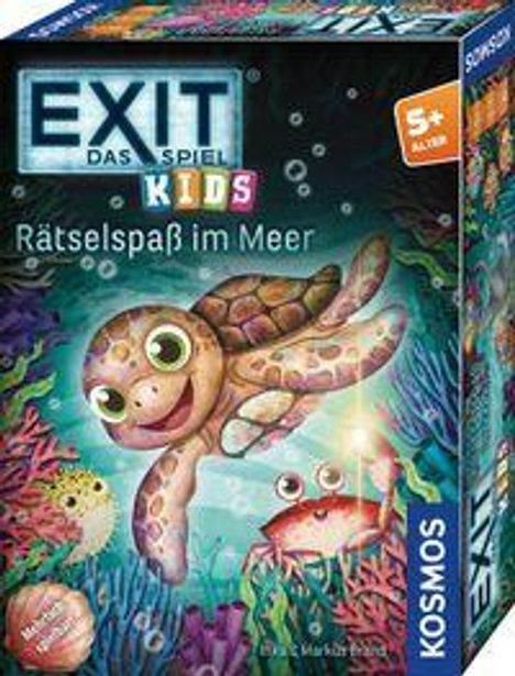"EXIT Das Spiel KIDS: Rätselspaß im Meer" steht auf einer bunten Verpackung mit einer fröhlichen Schildkröte unter Wasser.
