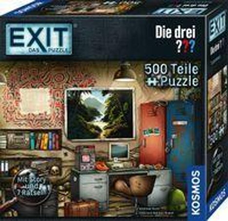 „EXIT: Das Puzzle“, „Die drei ???“, „500 Teile“, „Mit kostenloser App“. Ein Raum mit Schreibtisch und Naturbild an der Wand.