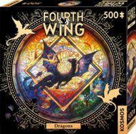 "Fourth Wing", "500+", "Dragons", "Kosmos". Ein Drache ziert ein buntes, kreisförmiges Muster. Verpackungsdesign.