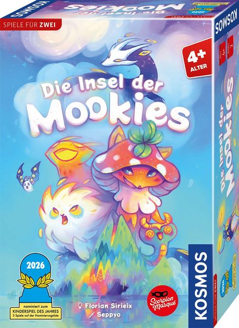 "Die Insel der Mookies", "Spiele für Zwei", "4+ Alter". Illustration von Tierfiguren mit leuchtenden Farben.