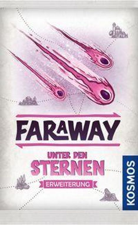 "FARAWAY UNTER DEN STERNEN ERWEITERUNG" und "KOSMOS" neben lila Meteoren auf weißem Hintergrund.