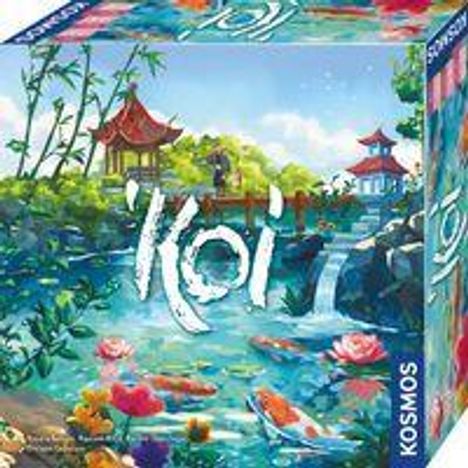 Text: "Koi", "KOSMOS". Illustration eines Teichs mit Koi-Fischen, Pagoden, Wasserfall und Pflanzen.