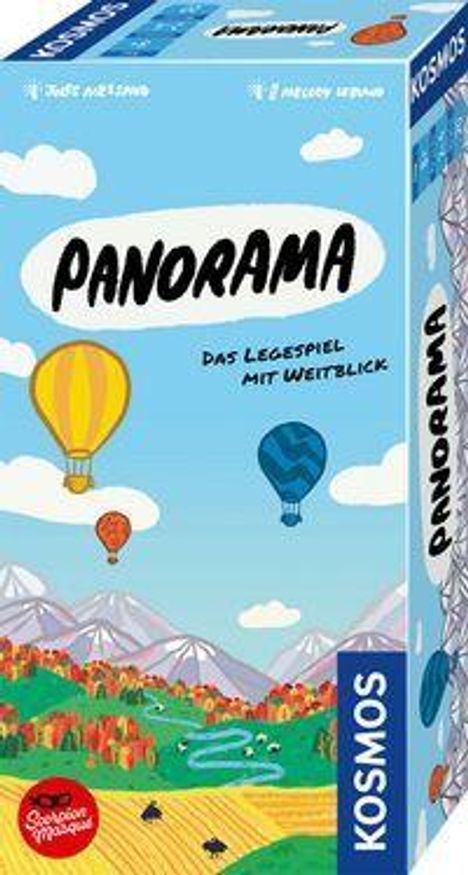 „PANORAMA – Das Legespiel mit Weitblick“. Illustration mit Heißluftballons über Landschaft. Markenname: Kosmos.