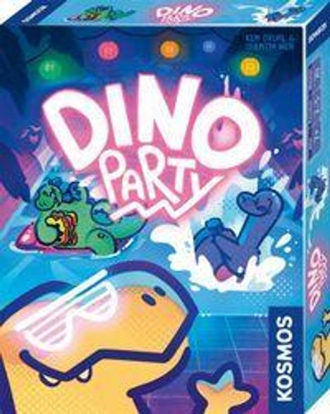 „DINO PARTY“ in großen Buchstaben, buntes Design mit fröhlichen Dinosauriern und dem „KOSMOS“ Logo an der Seite.