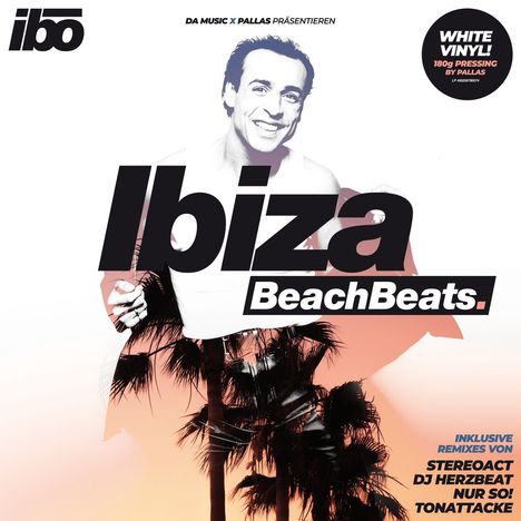 "Da Music x Pallas präsentieren Ibiza BeachBeats. Inklusive Remixes von Stereoact, DJ Herzbeat, Nur So!, Tonattacke." Palmen, lächelnde Person.