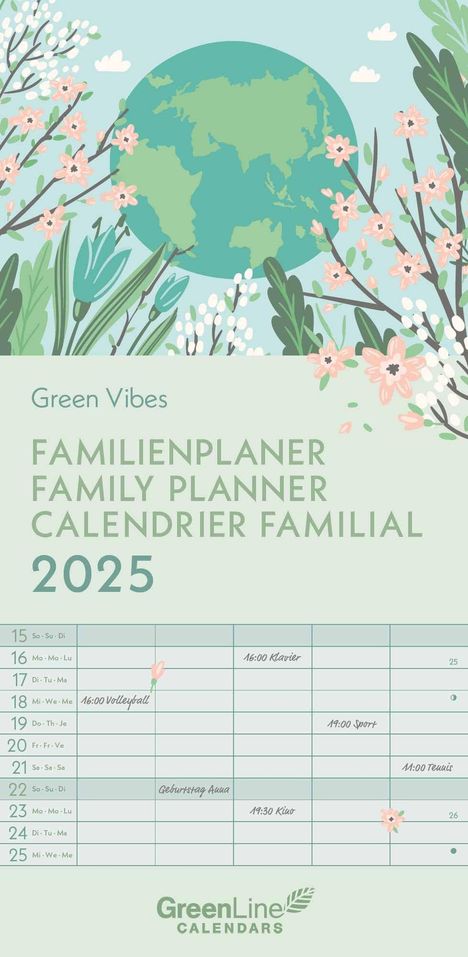 GreenLine Green Vibes 2025 Familienplaner - Familien-Kalender - Kinder-Kalender 22x45, Kalender