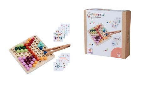 "montessori by Eichhorn" auf der Verpackung. Ein Holzbrett mit bunten Kugeln und Stäbchen. Spielkarten mit Mustern. Ab 4 Jahren.