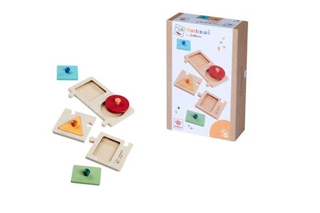 Text: "Montessori by Eichhorn." Holzpuzzle mit Formen: Kreis, Dreieck, Quadrat. Verpackung zeigt dieselben Formen.
