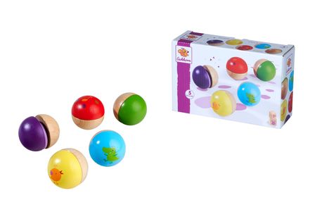 "5 sounds". Eichhorn-Logo. Bunte Holzkugeln mit Tiermotiven; Farben: lila, rot, grün, blau, gelb. Verpackung zeigt Kugeln.