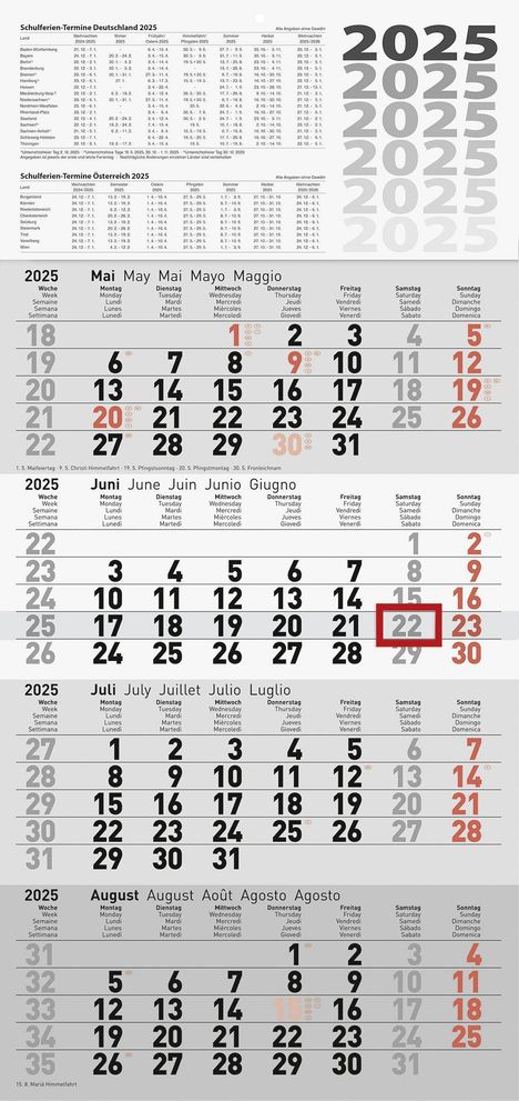 rido/idé 7033420005 4-Monatskalender (2025)| 1 Blatt = 4 Monate| 300 × 495 mm, Kalender
