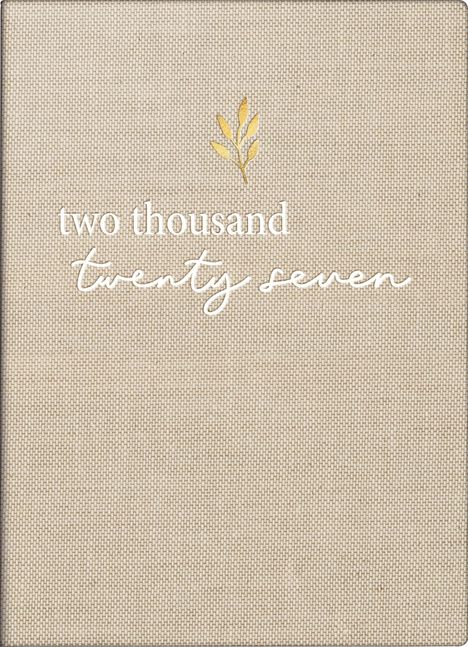 Text steht "two thousand twenty seven" mit goldener Zweig-Illustration auf strukturiertem, hellbeigem Hintergrund.