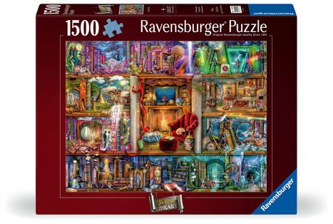"1500 Ravensburger Puzzle. The Grand Library." Eine farbenfrohe Szenerie mit Büchern und Fantasiewelten.