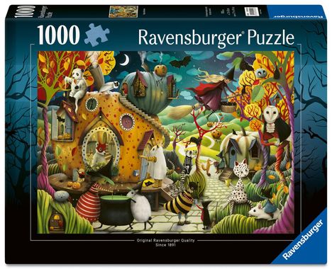 "Ravensburger Puzzle, 1000 Teile." Illustration zeigt eine fantasievolle Herbstlandschaft mit Tieren in Kostümen und Kürbishäusern.