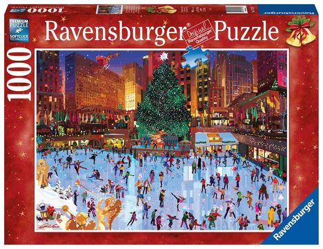 „Ravensburger Puzzle“ steht oben in rotem Rand. Eisläufer umringen einen großen, leuchtenden Weihnachtsbaum.