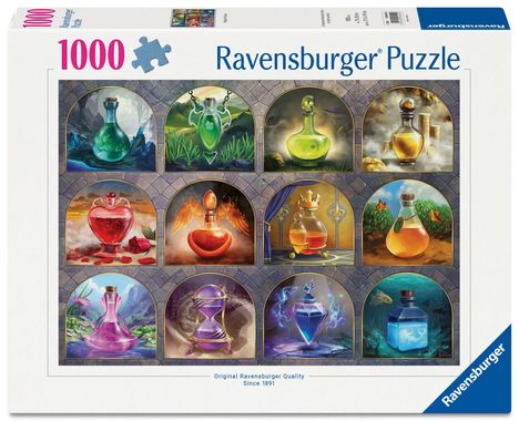 "1000 Ravensburger Puzzle"; Illustration mit zwölf magischen Tränken in Flaschen, jeweils in eigenen verzierten Rahmen.