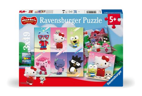 Ravensburger Kinderpuzzle 12001035 - Abenteuer in Cherry Town - 3x49 Teile Hello Kitty Puzzle für Kinder ab 5 Jahren, Diverse