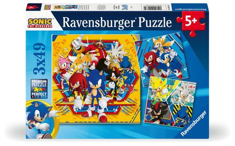Ravensburger Kinderpuzzle 12001133 - Die Abenteuer von Sonic - 3x49 Teile Sonic Puzzle für Kinder ab 5 Jahren, Diverse