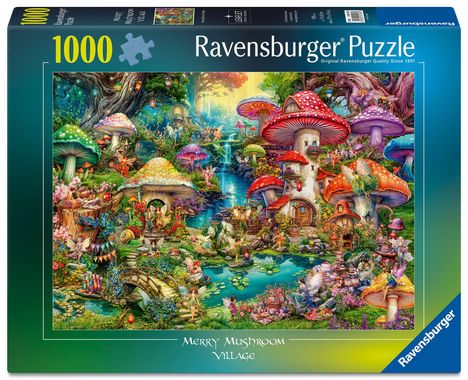 "Merry Mushroom Village" zeigt ein buntes Märchendorf mit riesigen Pilzhäusern, Feen und Wasserläufen.