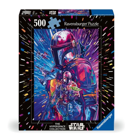 500 Teile Ravensburger Puzzle, The Hyperspace Collection, Star Wars. Buntes Mandalorianer-Design mit Baby Grogu.