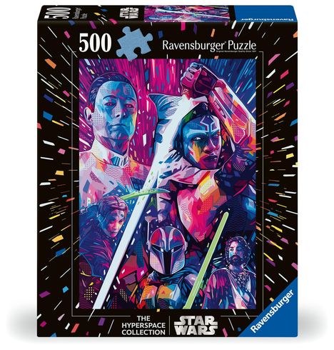 500 Ravensburger Puzzle. THE HYPERSPACE COLLECTION: STAR WARS. Buntes, abstraktes Star Wars-Motiv mit bekannten Figuren.