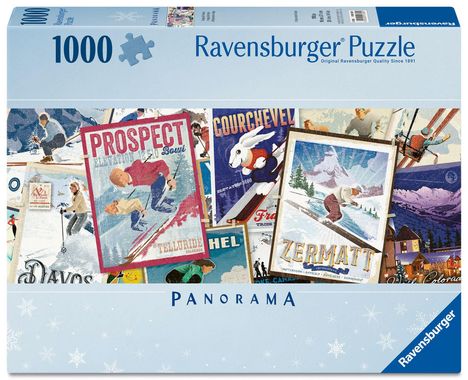 1000 Teile Ravensburger Puzzle. Skireise Poster, Orte wie Zermatt, Prospect Bowl, Courchevel. Vintage-Stil.