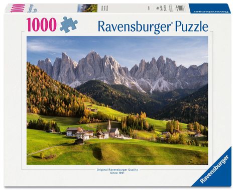 "1000", "Ravensburger Puzzle". Alpenlandschaft mit Dorf, grünen Wiesen, bunten Bäumen und markanten Berggipfeln.