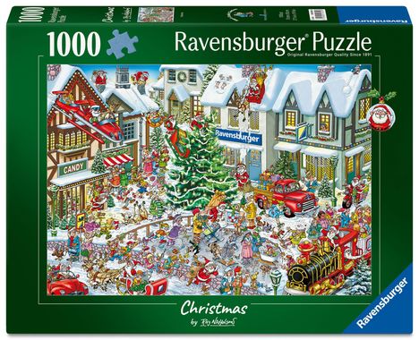"Ravensburger Puzzle" und "Christmas". Weihnachtliche Illustration, geschäftiges Dorf, Schnee, Dekorationen, bunte Szenen.
