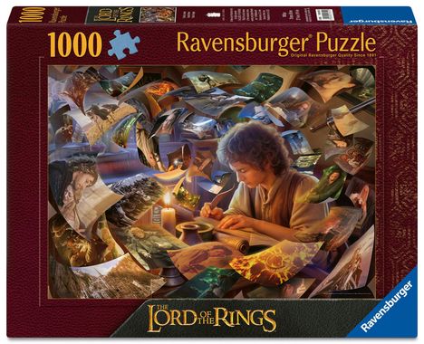"Ravensburger Puzzle", "The Lord of the Rings", 1000 Teile. Eine Collage von Filmszenen umgibt eine Person beim Schreiben.
