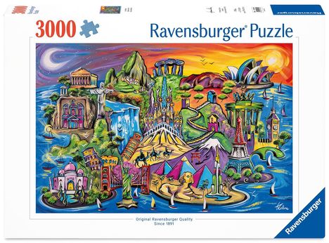 Ravensburger Puzzle mit 3000 Teilen, bunte Illustration berühmter Wahrzeichen weltweit.