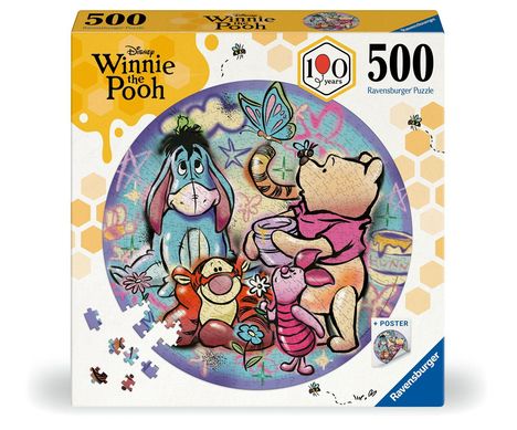 „500 Ravensburger Puzzle“, „Winnie the Pooh“ und „100 years“ mit Motiven von Winnie Puuh, Ferkel und Tigger.