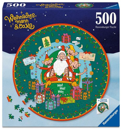 Text: "Weihnachtsmann & Co. KG", "Ho! Ho! Ho!", "Merry Xmas", "von dem Weihnachtsmann". Runder Puzzlekarton mit Weihnachtsmotiv.