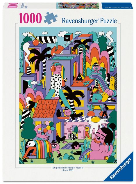 "1000 Ravensburger Puzzle" steht am Rand. Bunte, surreale Illustration mit Figuren, Pflanzen und geometrischen Formen.