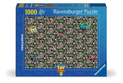 Text: "Ravensburger Puzzle", "1000", "TOY STORY 5", "CHALLENGE". Illustration von Figuren aus Toy Story, dicht an dicht.