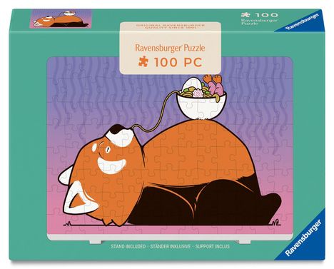 Text: "Ravensburger Puzzle 100 PC". Illustration: Ein roter Panda mit einer Schüssel auf dem Bauch, stirbt zufrieden.