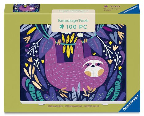 "Ravensburger Puzzle 100 PC." Illustration: Ein lila Faultier hängt an einem Ast, umgeben von bunten Blättern.